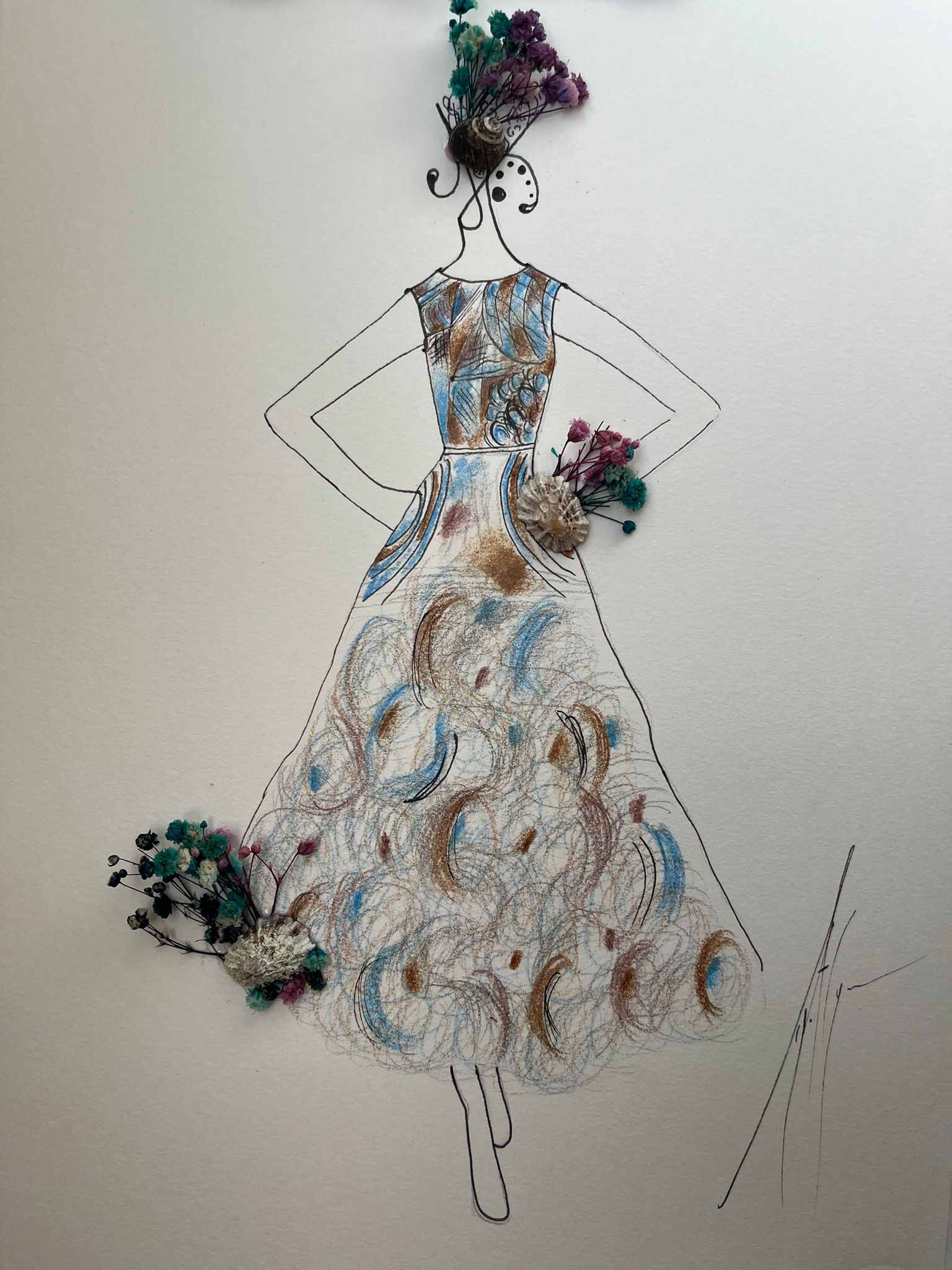 Drawing of silk evening dress in blue and brown 